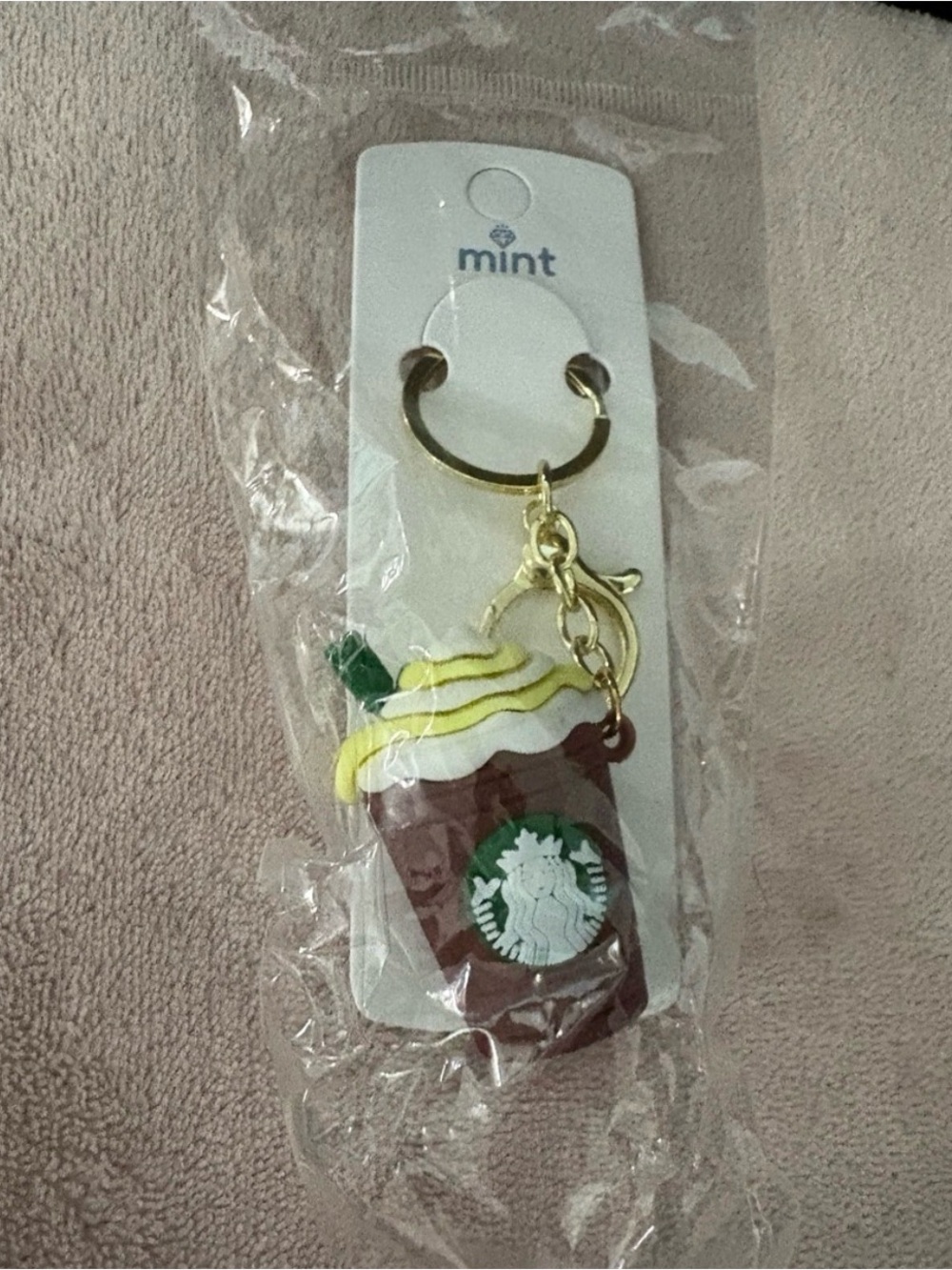 Mint Brown, White & Yellow Coffee Cup bag charm with Starbucks logo